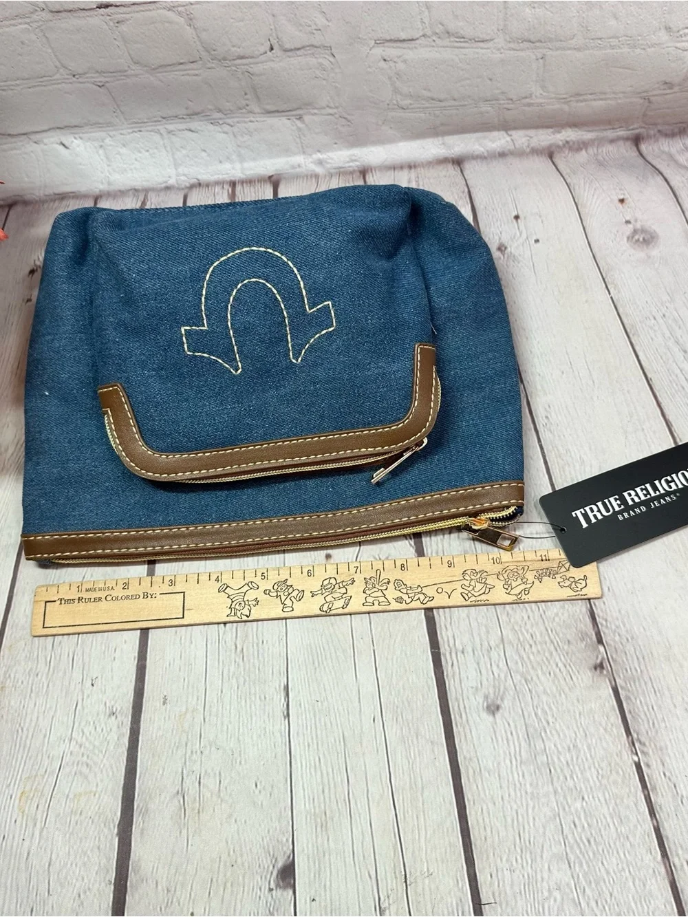 NWT True Religion Blue denim cosmetic Toiletry pouch travel makeup bag boho